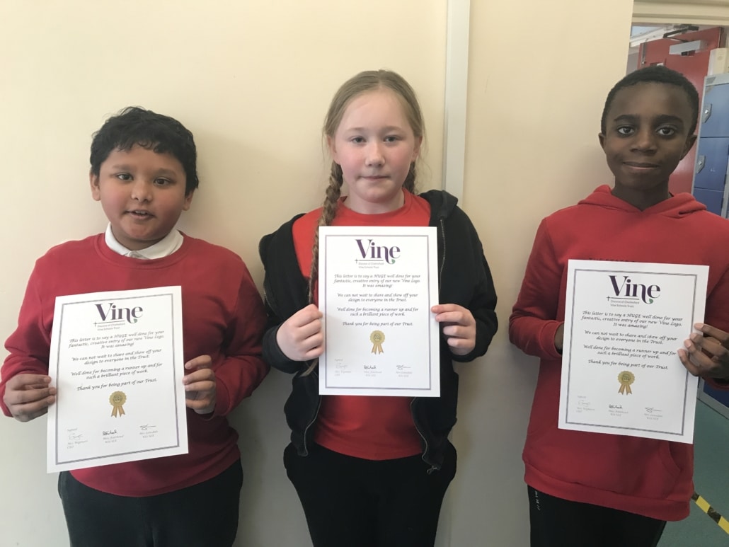 Pupilw with their Vine Schools Trust Logo Competition Certificates